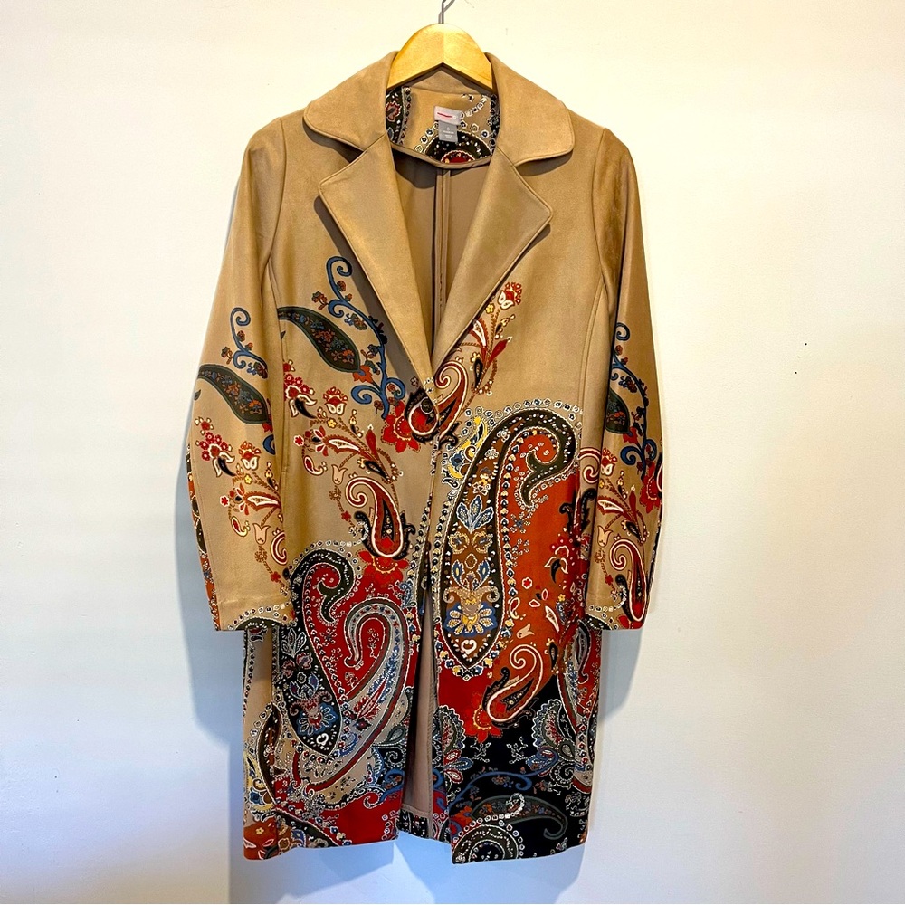 Chico's Women's Faux Suede Paisley Coat Brown Tan Multicolor Size 0